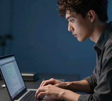 Professional photography of a tech-savvy individual looking at a high-resolution laptop screen in a deep blue-toned modern studio, soft cinematic ambient light, trustworthy atmosphere.