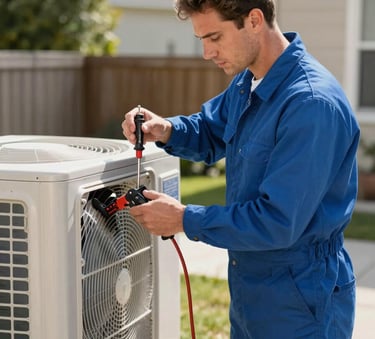 A professional HVAC technician in a North American / US residential setting, using precision tools to inspect an outdoor air conditioning condenser unit during a sunny day. The style is clean and modern, highlighting the technician's expertise and professional uniform in shades of medium blue.