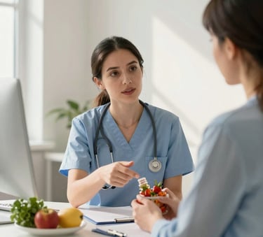 A professional nutrition counselor in a bright, modern North American office setting, sitting at a desk and explaining healthy food options to an attentive client. The room is decorated in soft off-white and muted blue tones with natural sunlight.