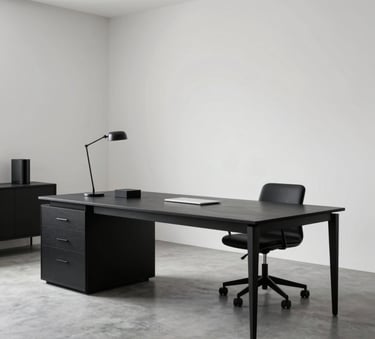 A high-end lifestyle shot of a modern creative workspace with sleek black furniture and white walls, clean minimalist aesthetic, Global / International.