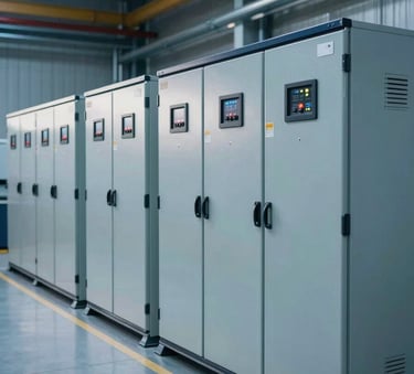 A wide shot of a modern industrial floor with rows of high-tech electrical cabinets and control systems, illuminated by professional Steel Blue lighting, Global / Industrial setting.