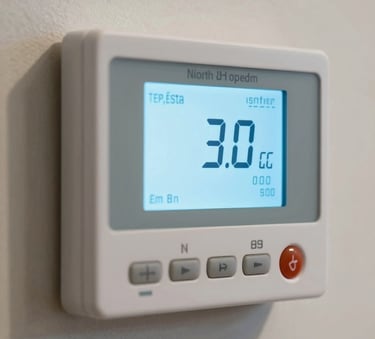 A close-up of a high-tech thermostat on a wall in a North American / US home, digital display glowing pale sky blue, clean and modern aesthetic.