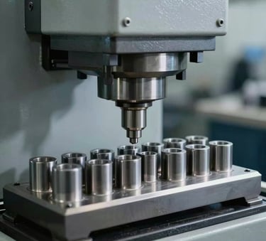 A close-up photograph of a high-pressure metal stamping press in a modern industrial setting. The machine is finishing a series of uniform steel parts with a soft metallic sheen. The lighting is crisp and cool, highlighting the low-saturation industrial texture. The composition is minimalist and professional, reflecting global manufacturing standards.
