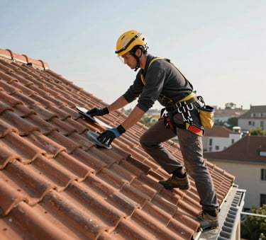 A professional roofer wearing safety gear inspecting a traditional French clay tile roof in the bright morning sun, Western European architecture, clean composition, high-quality craftsmanship style.