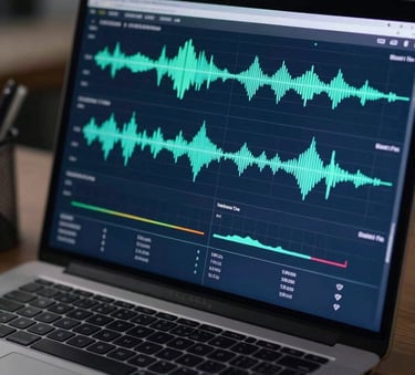 Close-up of a high-resolution laptop screen displaying music waveforms and data charts. The environment is a professional office with a color palette of deep slate blue and dark charcoal.