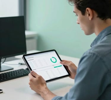 A professional in a modern North American / US office environment using a tablet to view a clean, minimalist data dashboard. The composition is sleek and competent, featuring muted slate blue and seafoam green tones.