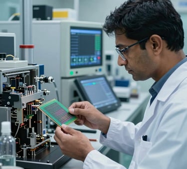 A high-tech semiconductor manufacturing cleanroom environment in India, featuring a professional in a lab suit inspecting a silicon wafer with sophisticated digital tools, soft blue lighting, high-tech and modern atmosphere.