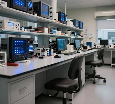 Wide-angle interior photography of a sophisticated technology laboratory in North America, featuring organized hardware and glowing navy blue indicator lights, cinematic and professional atmosphere.