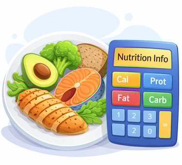 Ilustración de calculadora de valores nutricionales con alimentos saludables mostrando calorías, pro