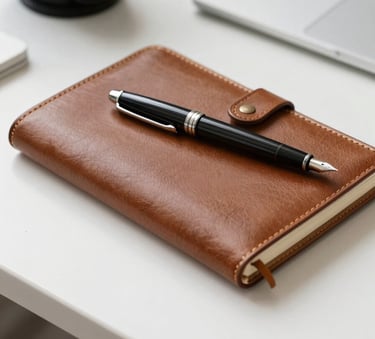 A close-up of a high-quality, professional leather notebook and a sleek fountain pen resting on a clean white desk in a bright North American office setting.