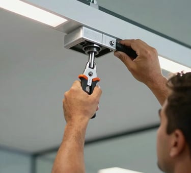 A close-up photograph of a professional worker installing a sleek, modern aluminum and glass ceiling in a South American / Brazilian corporate office, focusing on precision tools and silver mist accents.