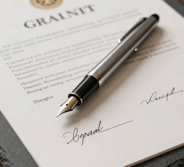 A close-up of a high-quality fountain pen resting on a signed legal contract with official seals in a North American legal office. Soft lighting, professional slate gray and off-white color palette.