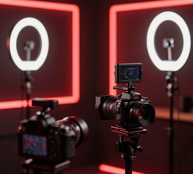 A high-end cinematic shot of a professional live streaming setup with ring lights, high-end cameras, and red neon accents in a dark studio setting. The atmosphere is energetic and dynamic, featuring the RED ECHELON color palette #0D0D0D and #8C0000.