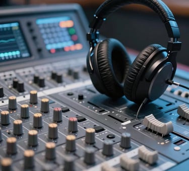 A close-up of a high-end studio mixing console and professional headphones in a modern radio station. The lighting is crisp with soft #3A7CA5 blue reflections, creating a professional and inviting technological atmosphere.