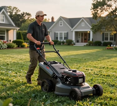 A side-view action shot of a professional landscaper operating a high-end lawn mower across a lush, emerald green estate in the North American / US region, during the golden hour.