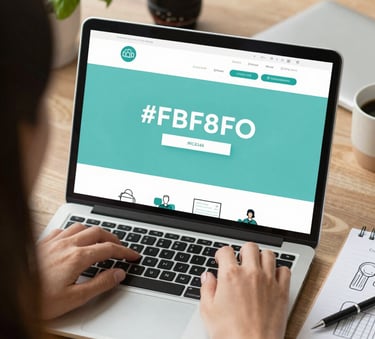 A top-down shot of a digital marketing professional's workspace with a warm, scandinavian aesthetic. Includes a laptop, a camera lens, a sprig of fresh basil, and a sketchpad with social media layout designs. The mood is professional and creative, featuring #FBF8F0 and #3C614C accents.