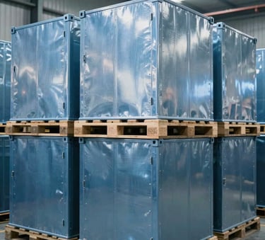 A clean, high-tech warehouse for chemical logistics in a Middle Eastern / Turkish industrial district. Stacks of professional steel blue containers are organized on pallets. The lighting is bright and industrial, emphasizing a modern and efficient facility.