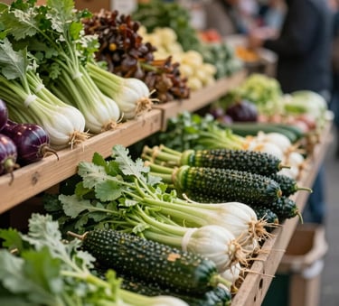 A bustling modern European farmers market stall with vibrant greens and earthy textures, photographed with a shallow depth of field, focusing on the quality of organic vegetables.