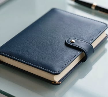 A sophisticated close-up of a high-quality leather notebook and a fountain pen on a glass desk, reflecting a professional and refined aesthetic. The color palette includes deep navy #1A2C3D and light blue-gray #BCCAD6 tones, with soft, natural morning light.