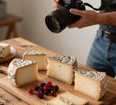 A professional photographer holding a camera, capturing a flat lay of artisanal cheeses and deep ripe crimson berries on a rustic wooden table. Behind-the-scenes agency work vibe with warm, natural lighting.