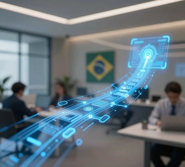 A close-up, high-tech shot of a glowing blue holographic data stream in a modern South American Brazilian business environment, representing seamless process automation and speed.