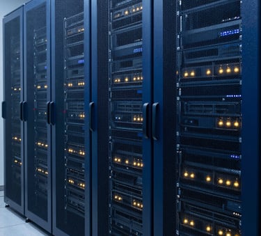 Professional photography of a high-security server room with rows of deep blue racks. Subtle golden light glows from status indicators. The composition is clean and geometric, representing advanced Microsoft security. South American corporate setting.