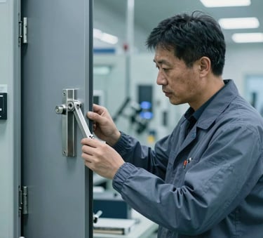 A professional quality control inspector in a clean, modern manufacturing facility in Hebei, examining stainless steel door hardware under bright, cool-toned lighting. The scene features soft blue and slate grey tones.