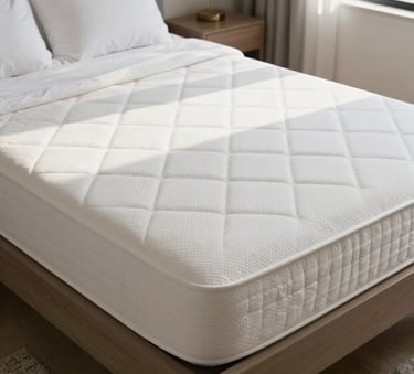 A professional high-angle photograph of a clean, white mattress in a modern, sun-drenched South American bedroom. The mattress looks pristine and sanitized, with crisp linen sheets nearby. The lighting is bright and airy, emphasizing a sense of hygiene and freshness.