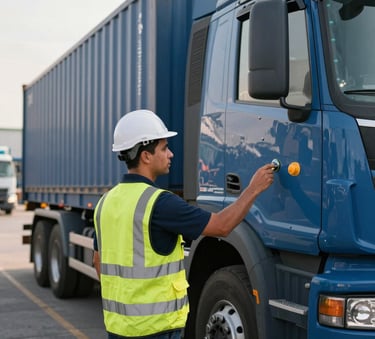 A professional safety inspector in a high-visibility vest checking the safety seals on a heavy transport vehicle at a modern Brazilian logistics terminal, clean composition, soft morning light, deep blue and slate blue tones.