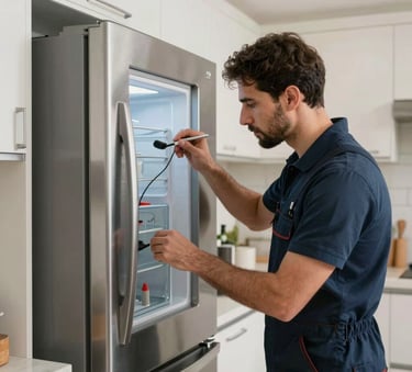 A well-equipped, professional technician repairing a modern stainless steel refrigerator in a well-lit Middle Eastern / Gulf home kitchen, conveying reliability and expertise.