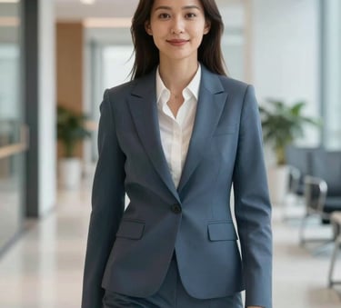 A professional woman in business attire standing in a modern, brightly lit office hallway, looking confident and helpful, incorporating brand colors #F8F5EF and #4B6B60 in the environment.