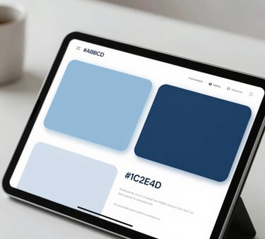 A close-up of a high-end digital tablet displaying a sophisticated brand identity design, minimalist desk environment, soft natural lighting, incorporating #A8BECD and #1C2E46 colors.