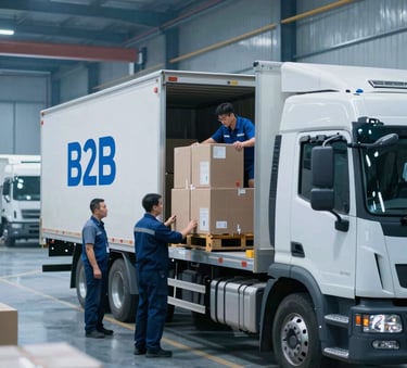 A high-tech industrial warehouse where a professional team is efficiently loading goods onto a modern truck. The lighting is bright and clear, with blue highlights (#3D5C7A) emphasizing a B2B corporate environment.