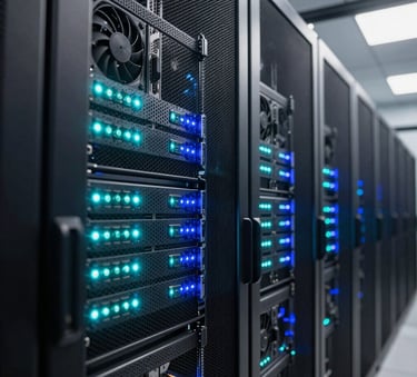 A close-up shot of server racks with glowing cyan and deep indigo LED indicator lights in a high-tech North American / Global data center. The perspective is dynamic, looking down a neat, dark aisle with soft lens flare and sophisticated cooling fans visible in the background.
