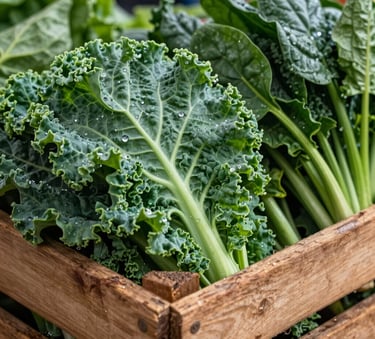 A close-up photograph of a rustic wooden crate overflowing with fresh, vibrant green Brazilian kale and spinach, with small water droplets reflecting soft morning light in a clean market setting.