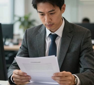 A professional in business attire in a European Portuguese office, meticulously reviewing a stack of organized documents, soft office lighting, focused and reliable expression.