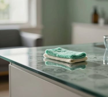 A close-up of a sparkling clean modern glass surface in a Latinoamericano apartment, reflecting bright daylight, professional cleaning style, with soft focus on a sage green accent wall in the background.