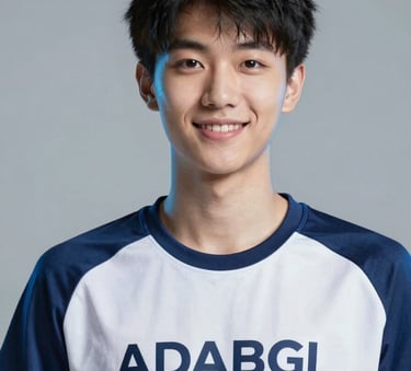 A high-quality studio portrait of a friendly professional gaming influencer, clean lighting with subtle blue #8CB8DB rim light, representing the brand ambassador of ADABGL.