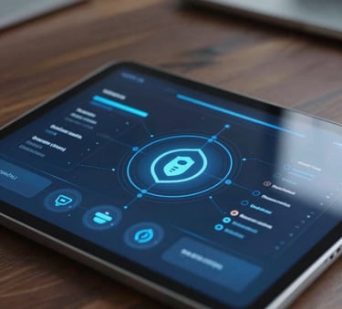 A close-up of a high-tech digital security interface on a sleek tablet placed on a dark wooden desk, soft blue lighting reflecting off the surface, representing modern data protection, Southeast Asian / Vietnamese office environment, professional photography.