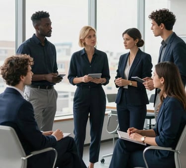 A diverse team of marketing professionals collaborating in a bright modern studio with large windows, wearing dark navy and slate blue attire, with pale silver accents in the office decor.