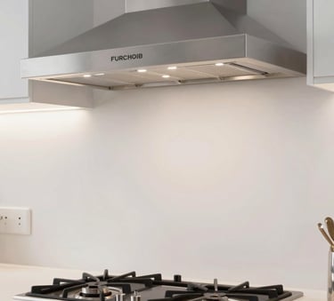 A modern kitchen in a European / Spanish home featuring a sleek vitroceramic hob and a stainless steel extractor hood, bright cloud white lighting and professional installation.