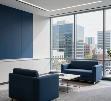 A sophisticated North American / Mexican corporate office interior with minimalist furniture and a large window overlooking a business district. The lighting is bright and professional, highlighting a clean, structured environment with deep blue and white accents.