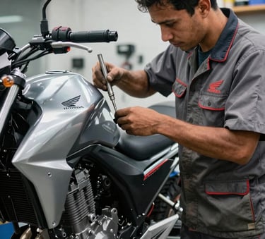 Detailed shot of a professional mechanic in a clean, modern workshop in Bogotá, South American / Colombian setting, wearing a Honda branded uniform, performing maintenance on a silver motorcycle engine with precision tools, bright clinical lighting.