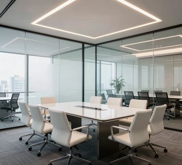 A bright, clean glass-walled boardroom in a North American / US corporate office. The room is empty but ready for a meeting, with white chairs and a large polished table. Sophisticated, high-end lighting with gold accents.