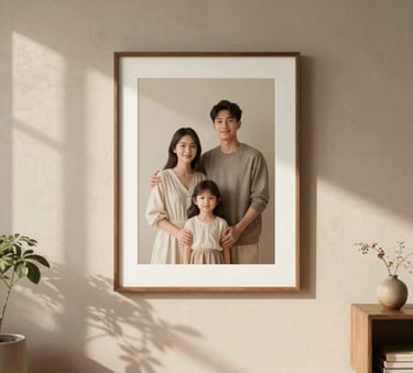 A beautiful real-world photograph of a modern, minimal East Asian / Chinese living room. On a textured soft sand plaster wall, a beautifully framed physical mock-up of an NFT artwork displaying a warm, minimalist family portrait is hanging. Sun-drenched shadows from nearby plants play across the wall, creating a serene, peaceful, and warm atmosphere.