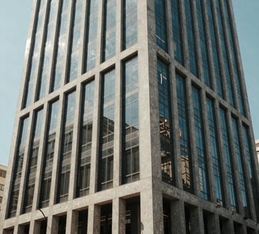 Photography of a modern office building exterior in a South American city, morning sunlight, architectural detail with glass and concrete, clean and professional atmosphere.
