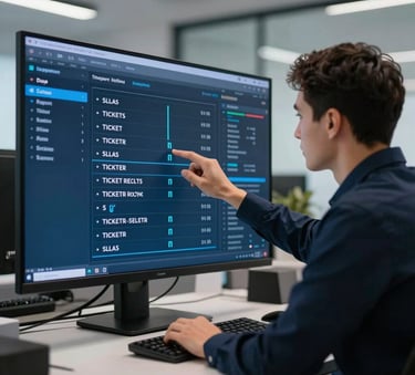 A technician in a modern European office analyzing a dashboard on a large screen representing ticket routing and SLAs, soft light blue and dark navy blue color scheme, professional and efficient atmosphere.