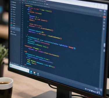 Close-up of a high-performance workstation in a North American / US tech startup. The image shows a high-resolution monitor displaying clean code, with a cup of coffee nearby. The color palette emphasizes Deep Midnight Blue and Frost Blue tones, suggesting modern engineering and reliability.