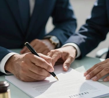 A close-up of professional hands signing legal documents in a bright Latin American / Spanish legal chamber, natural sunlight, soft aqua blue and dark navy blue accents, clean composition.