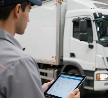 Close-up photography of a professional logistician in a Brazilian warehouse environment, wearing a clean uniform and holding a digital tablet. In the background, the side of a polished white delivery truck is visible under bright, professional lighting. The atmosphere is efficient and modern.